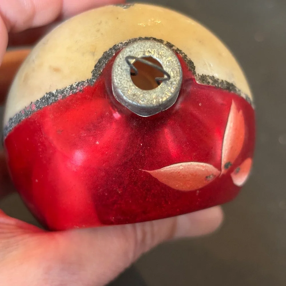 Vintage Hand Painted Indent Teardrop Red Gold Pink Floral Motif Glass Ornament